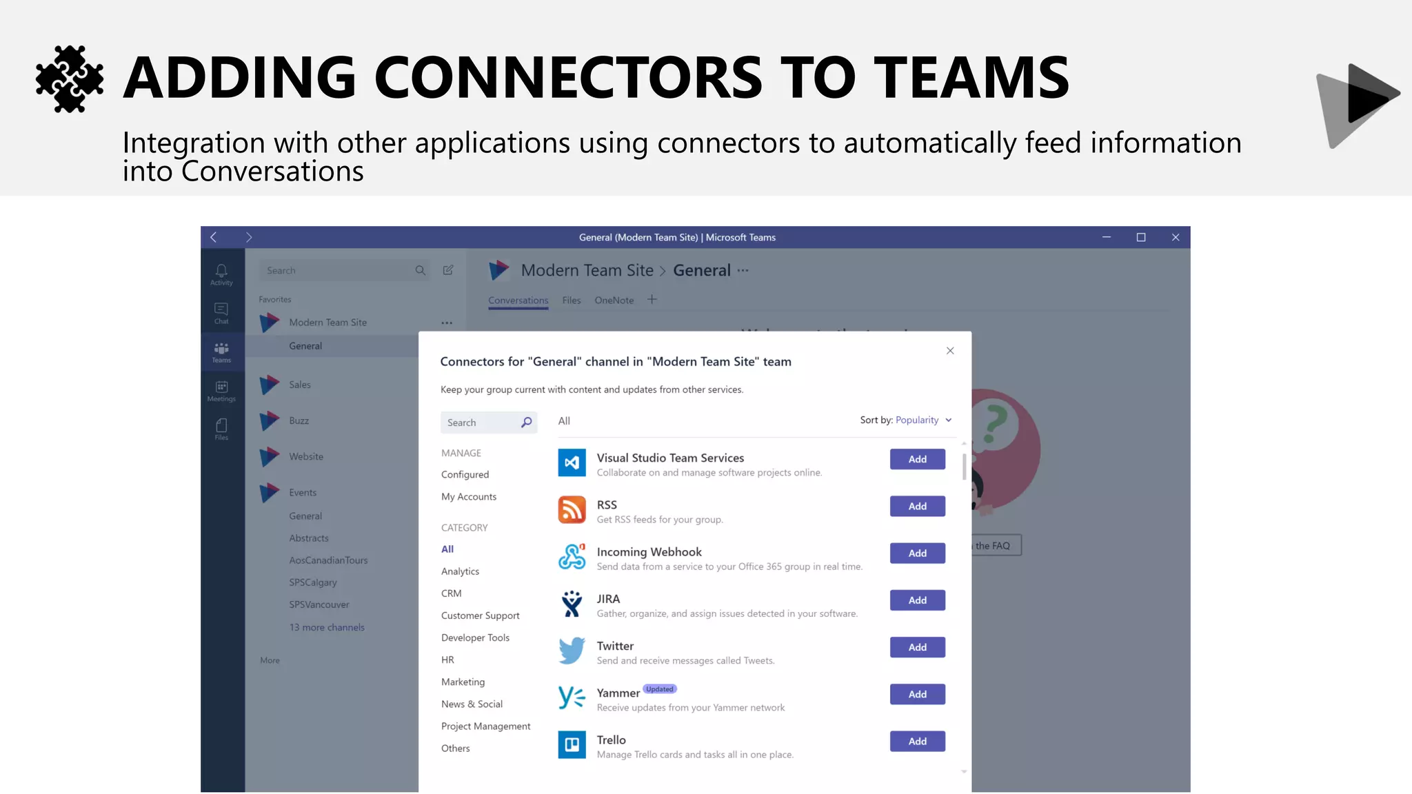 ADDING CONNECTORS TO TEAMS
Integration with other applications using connectors to automatically feed information
into Conversations
 