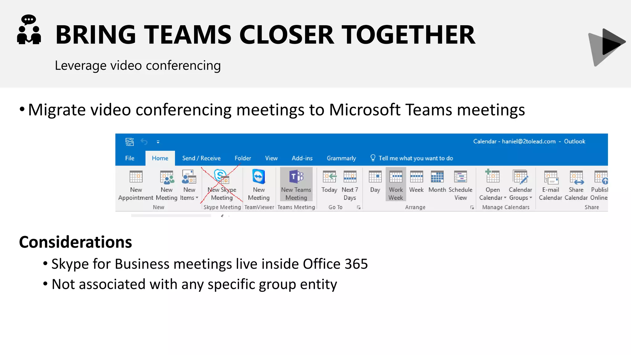 BRING TEAMS CLOSER TOGETHER
Leverage video conferencing
•Migrate video conferencing meetings to Microsoft Teams meetings
Considerations
• Skype for Business meetings live inside Office 365
• Not associated with any specific group entity
 