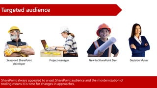 SharePoint always appealed to a vast SharePoint audience and the mordernization of
tooling means it is time for changes in approaches.
Targeted audience
New to SharePoint DevSeasoned SharePoint
developer
Project manager Decision Maker
 