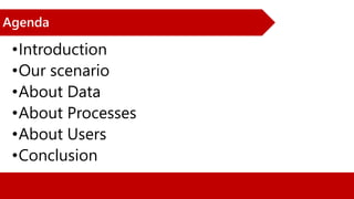 Agenda
•Introduction
•Our scenario
•About Data
•About Processes
•About Users
•Conclusion
 