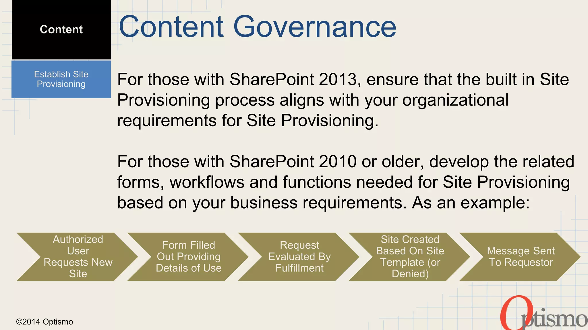 ©2014 Optismo 
For those with SharePoint 2013, ensure that the built in Site 
Provisioning process aligns with your organizational 
requirements for Site Provisioning. 
For those with SharePoint 2010 or older, develop the related 
forms, workflows and functions needed for Site Provisioning 
based on your business requirements. As an example: 
Authorized 
User 
Requests New 
Site 
Form Filled 
Out Providing 
Details of Use 
Request 
Evaluated By 
Fulfillment 
Site Created 
Based On Site 
Template (or 
Denied) 
Message Sent 
To Requestor 
Content 
Establish Site 
Provisioning 
Content Governance 
 