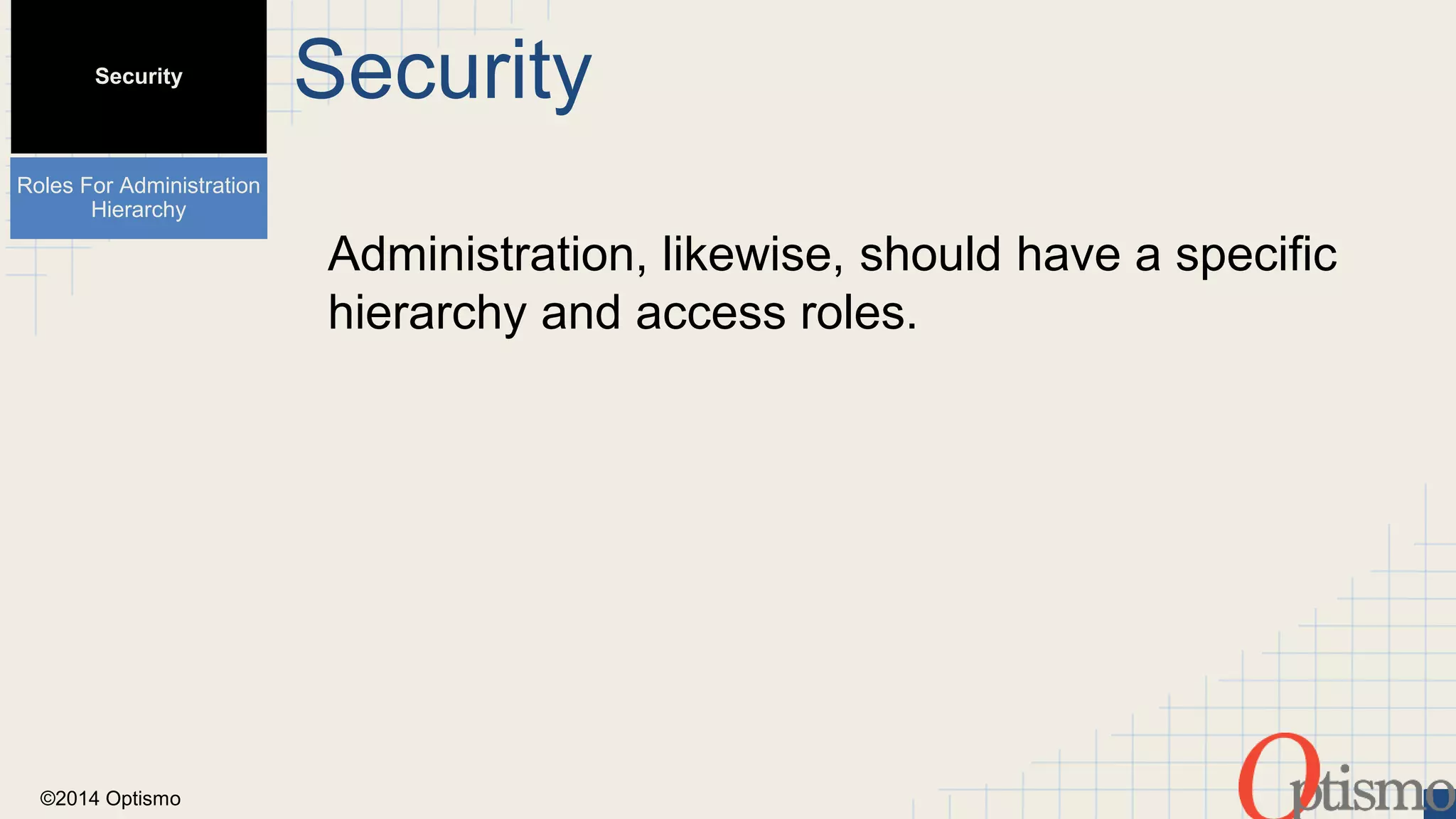 ©2014 Optismo 
Security 
Administration, likewise, should have a specific 
hierarchy and access roles. 
Security 
Roles For Administration 
Hierarchy 
 