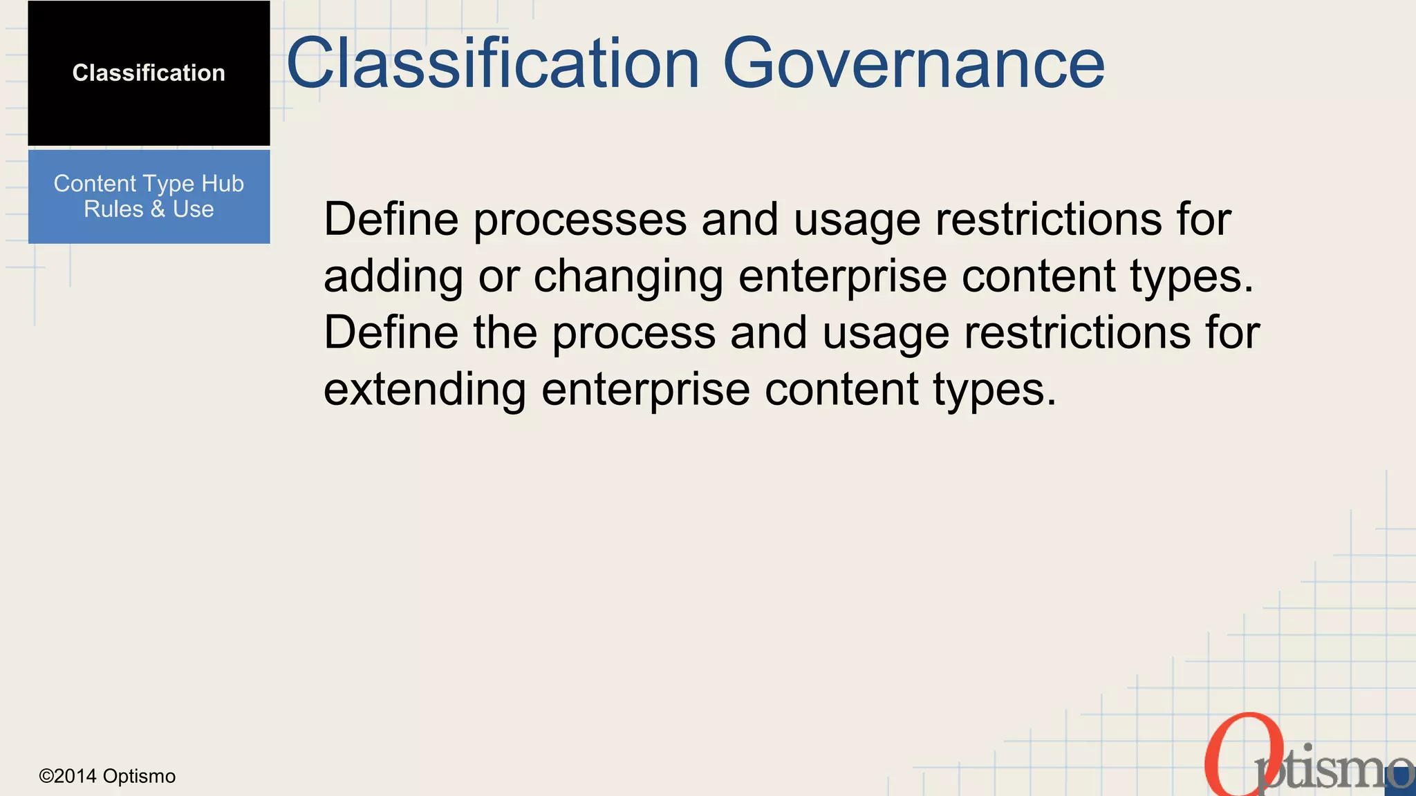 ©2014 Optismo 
Classification Governance 
Define processes and usage restrictions for 
adding or changing enterprise content types. 
Define the process and usage restrictions for 
extending enterprise content types. 
Classification 
Content Type Hub 
Rules & Use 
 
