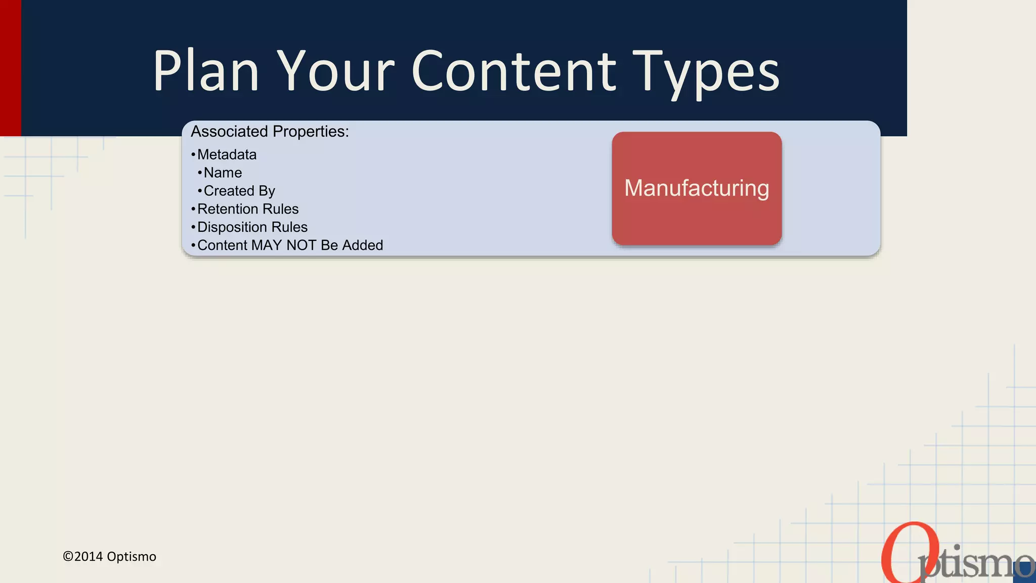 Plan Your Content Types 
©2014 Optismo 
Associated Properties: 
•Metadata 
•Name 
•Created By 
•Retention Rules 
•Disposition Rules 
•Content MAY NOT Be Added 
Manufacturing 
 