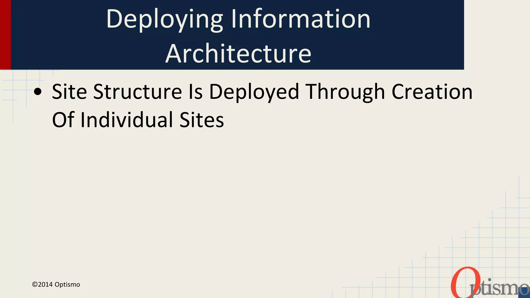 Deploying Information 
Architecture 
• Site Structure Is Deployed Through Creation 
Of Individual Sites 
©2014 Optismo 
 