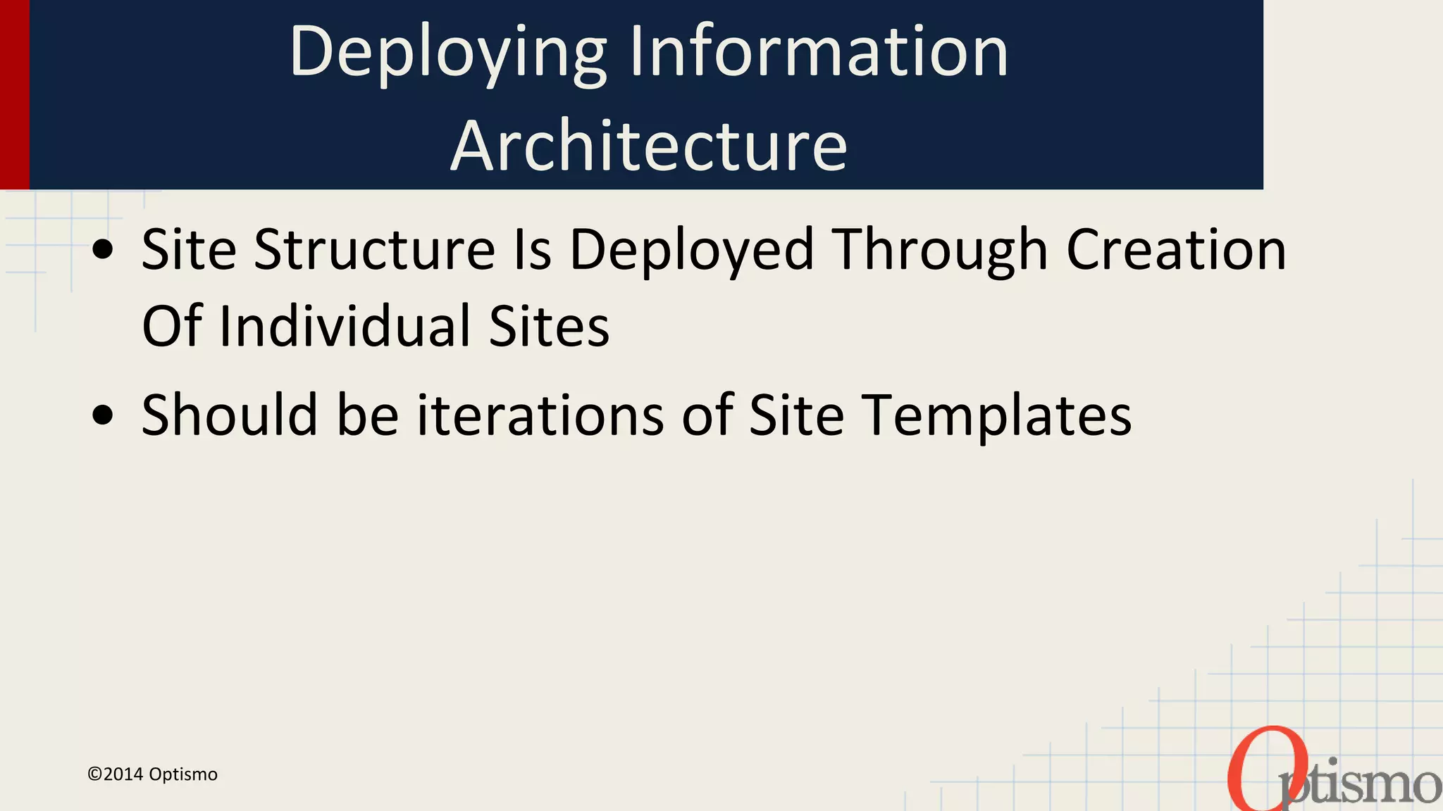 Deploying Information 
Architecture 
• Site Structure Is Deployed Through Creation 
Of Individual Sites 
• Should be iterations of Site Templates 
©2014 Optismo 
 