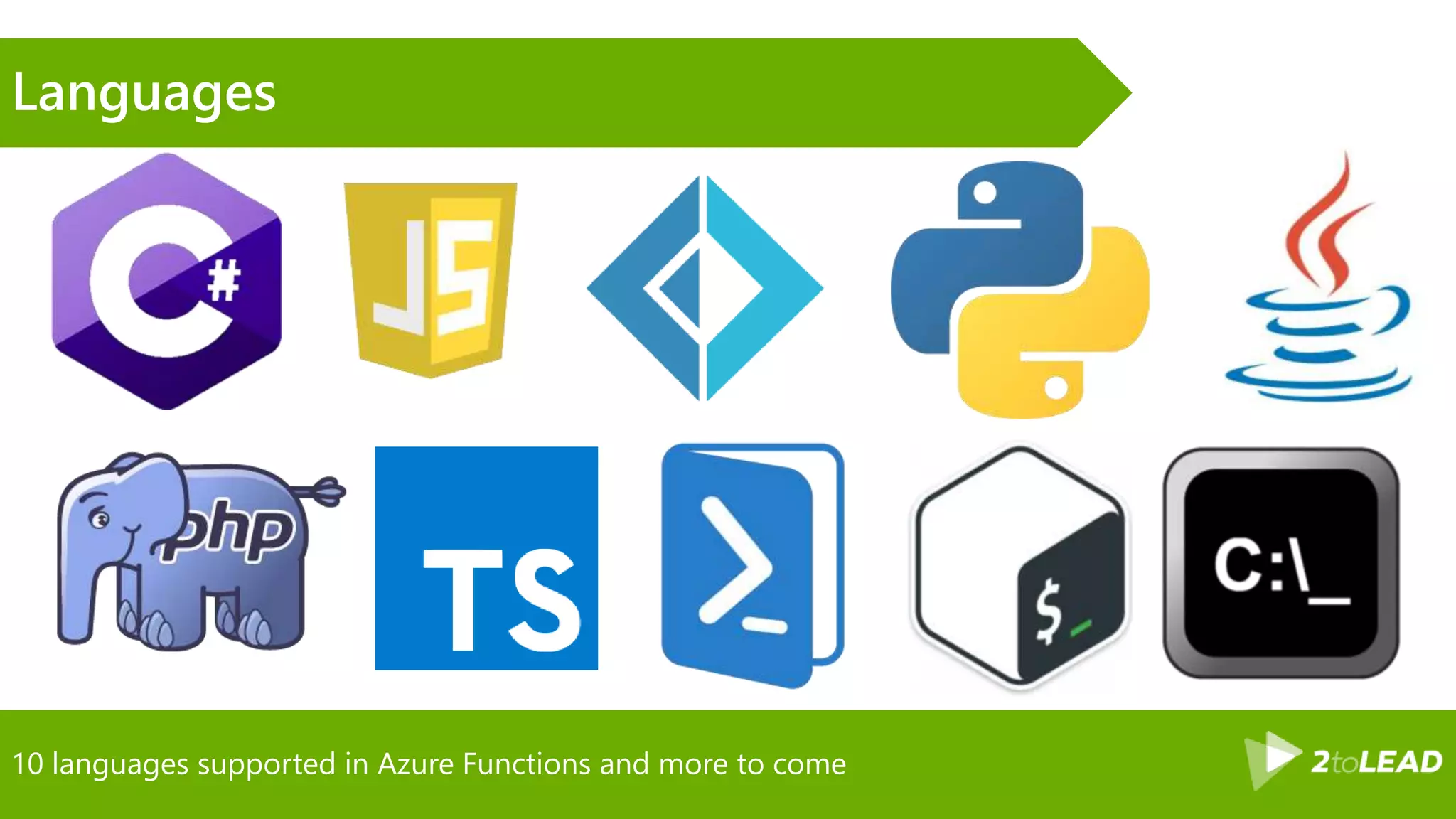 10 languages supported in Azure Functions and more to come
Languages
 