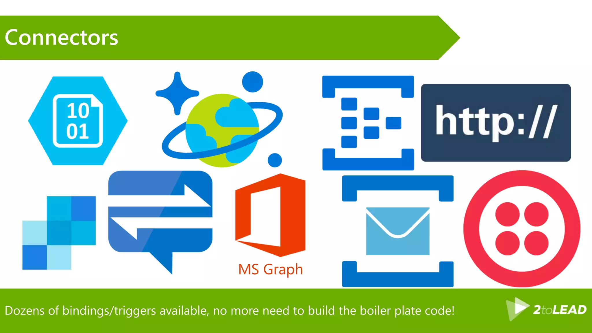 Dozens of bindings/triggers available, no more need to build the boiler plate code!
Connectors
MS Graph
 