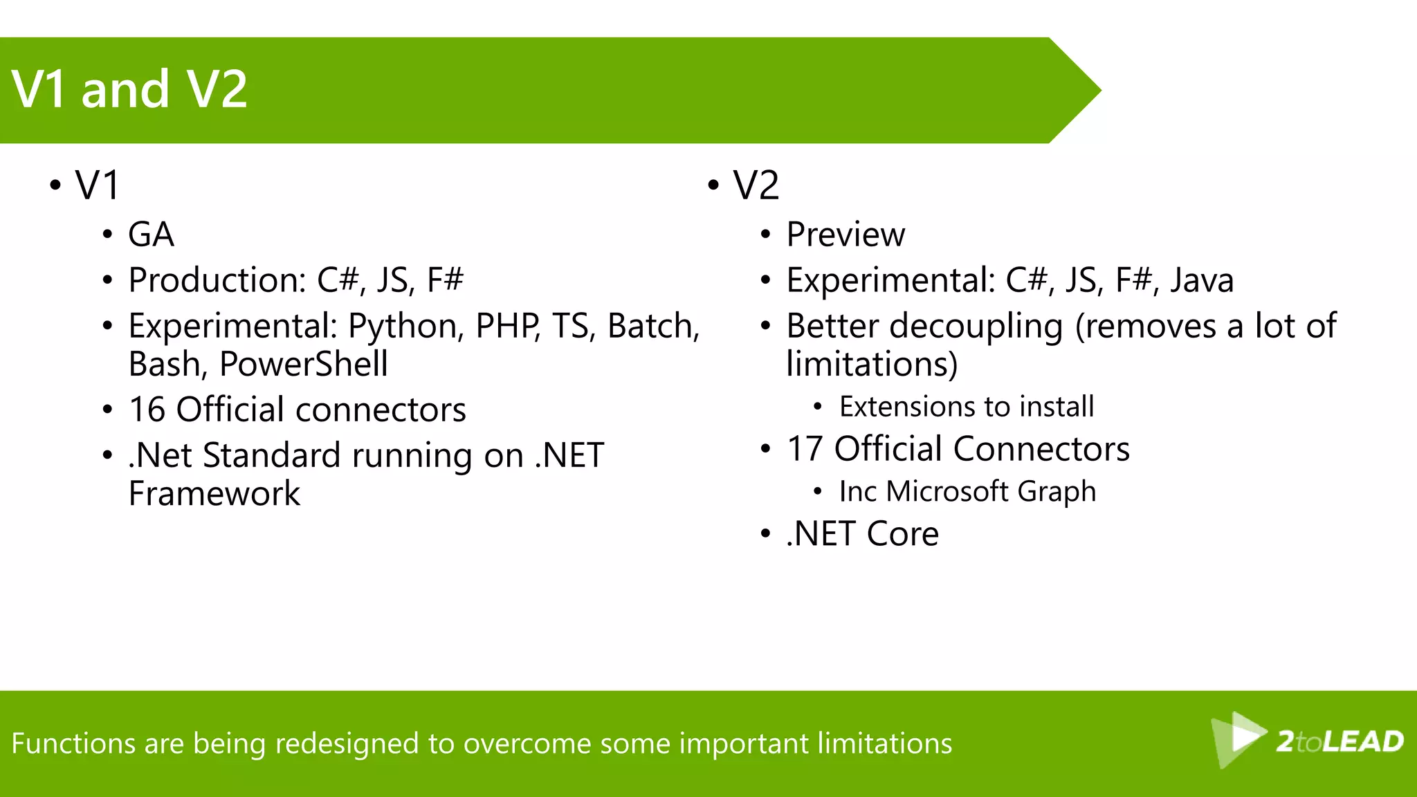 Functions are being redesigned to overcome some important limitations
V1 and V2
• V1
• GA
• Production: C#, JS, F#
• Experimental: Python, PHP, TS, Batch,
Bash, PowerShell
• 16 Official connectors
• .Net Standard running on .NET
Framework
• V2
• Preview
• Experimental: C#, JS, F#, Java
• Better decoupling (removes a lot of
limitations)
• Extensions to install
• 17 Official Connectors
• Inc Microsoft Graph
• .NET Core
 