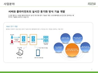 서버와 클라이언트의 실시간 동기화 방식 기술 개발
스프링 필드는 서버와 클라이언트의 실시간 동기화 방식 기술로 게임 소프트웨어를 실시간으로 관리하는 페
이지의 기술을 보유하고 있습니다.
플랫폼 다양화가 게임시장의 화두가 됨에 따라 플랫폼에 따른 고객군을 관리, 게임을 운영하는 개발 엔진
R&D 연구 개발
7
사업분야
 