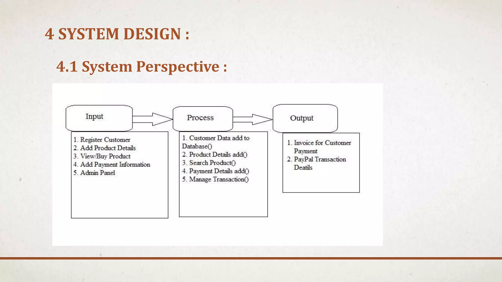 4 SYSTEM DESIGN :
4.1 System Perspective :
 
