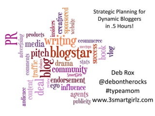 Strategic Planning for
  Dynamic Bloggers
     in .5 Hours!




     Deb Rox
 @debontherocks
   #typeamom
www.3smartgirlz.com
 