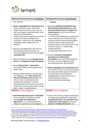 Stichting Springtij | www.springtij.nu | info@springtij.nu 14
Beleid gericht op bos & hout in Nederland Beleid gericht op bossen internationaal
CO2 reductie9
.
• Reken vastgelegde CO2 in houtproduct mee
Bij kap van boom worden alle emissies
toege-rekend aan land van kap in jaar van
kap, los van hoe hout gebruikt wordt. Groot
verschil hout verbranden in
elektriciteitscentrale en gebruik massief hout
in gebouw dat decennialang koolstof
vasthoudt => laatste kan mits zorgvuldig
berekend worden meegenomen. Zie
UNFCCC10
.
• Neem bij subsidiebesluiten over CCS een
door PBL gecontroleerde analyse van
koolstof-vastleg-kansen door bos mee (bos =
natuurlijke CCS).
• Deze tafel afstemmen met Actieplan Bos &
Hout en met Regionale Energie Strategieën.
• Bouw ‘klimaat-alarm’ in bij houtkap-
beslissingen (RWS, provincie, gemeente) =>
expert check.
• Benut geschikte gronden en boomsoorten
voor biomassa, maar alleen als het voor
klimaat en landschap echt win-win is (zie
risico’s). Hout = bouwmateriaal, dan
grondstof, dan brandstof11
. Hout als
bouwmateriaal kan bovendien na de eerste
productfase circulair opnieuw benut worden
(balk => plank => plaatmateriaal).
banken).
• Overweeg subsidiemodel/faciliteit (voor
Natural Carbon Sequestration) o.a. voor
duurzame bosbouw sector / aanplant van
nieuwe bossen, net als er voor offshore
wind is geweest.
=> veel kennisontwikkeling in snel groeiende
sector. Bosbouw is een nieuwe financiële
assetclass waarbij nieuwe verdienmodellen
ontstaan (carbon credits, Payment for
Ecosystem Services). De sector heeft nu nog
incentives nodig i.v.m. relatief lange
terugverdientijd en
(nu nog) hoger ingeschatte risico’s.
• Stimuleer duurzaam inkoopbeleid
gerelateerd aan ‘deforestation
commodities’, door overheid, bedrijfsleven,
fin. sector, consument (gecertifi-ceerd
duurzaam/duurzamer alternatieven)15
.
• Reken vastgelegde CO2 in houtproduct mee
Zie in kolom hiernaast: hoe hout van gekapte
boom gebruikt wordt maakt veel verschil in
hoe lang of kort de koolstofatomen
vastgelegd blijven. Neem dit ook mee in
internationale bos & klimaat
boekhoudkundige berekeningen.
RISICO’s om te mitigeren
• Het Nederlandse bosareaal is in 2013-2017
(na een periode van stabiliteit en lichte
groei) jaarlijks met 1350 hectare
afgenomen16
, o.a. als gevolg boskap na
aflopen EU-regeling bos op braakliggende
RISICO’s om te mitigeren
• Houten Tafel ziet forse negatieve bijdrage NL
aan ontbossing wereldwijd en denkt dat er
onvoldoende besef is van voetafdruk NL op
ontbossing in andere landen en daarmee
emissies èn biodiversiteitsverlies. Het
9	http://www.houtinfo.nl/sites/default/files/WE_rapport-Klimaatwinst-door-Bouwen-in-hout_24okt2016.pdf		
10	https://unfccc.int/topics/land-use/workstreams/land-use-land-use-change-and-forestry-lulucf/harvested-wood-products-1		
11	Zie	criteria	‘Better	Biomass’	NTA8080.	https://keurmerken.milieucentraal.nl/keurmerken/better-biomass-houtpellets/		
15 “If the seven main timber-consuming EU countries [incl NL] would source only verified sustainable primary tropical
timber, an estimated additional 5.3 million ha of tropical forests can be impacted.” June18, IDH/Probos/STTC report.
16	WUR,	september	2017:	https://www.wur.nl/nl/nieuws/Ook-in-Nederland-vindt-ontbossing-plaats.htm		
 