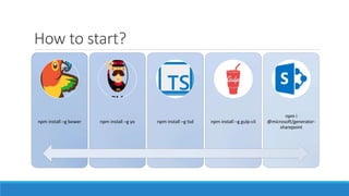 How to start?
npm install –g bower npm install –g yo npm install –g tsd npm install –g gulp-cli
npm i
@microsoft/generator-
sharepoint
 