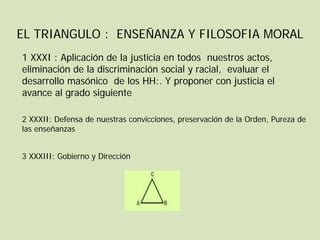 EL TRIANGULO : ENSEÑANZA Y FILOSOFIA MORAL
1 XXXI : Aplicación de la justicia en todos nuestros actos,
eliminación de la discriminación social y racial, evaluar el
desarrollo masónico de los HH:. Y proponer con justicia el
avance al grado siguiente

2 XXXII: Defensa de nuestras convicciones, preservación de la Orden, Pureza de
las enseñanzas


3 XXXIII: Gobierno y Dirección
 
