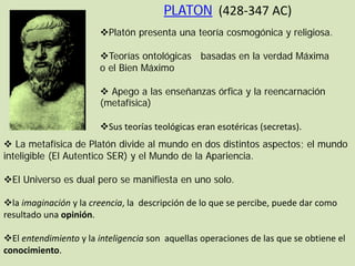 PLATON (428-347 AC)
                       Platón presenta una teoría cosmogónica y religiosa.

                       Teorías ontológicas basadas en la verdad Máxima
                       o el Bien Máximo

                        Apego a las enseñanzas órfica y la reencarnación
                       (metafísica)

                       Sus teorías teológicas eran esotéricas (secretas).
 La metafísica de Platón divide al mundo en dos distintos aspectos; el mundo
inteligible (El Autentico SER) y el Mundo de la Apariencia.

El Universo es dual pero se manifiesta en uno solo.

la imaginación y la creencia, la descripción de lo que se percibe, puede dar como
resultado una opinión.

El entendimiento y la inteligencia son aquellas operaciones de las que se obtiene el
conocimiento.
 