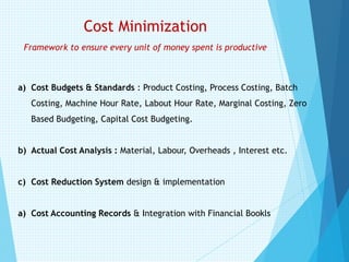 Cost Minimization
Framework to ensure every unit of money spent is productive
a) Cost Budgets & Standards : Product Costing, Process Costing, Batch
Costing, Machine Hour Rate, Labout Hour Rate, Marginal Costing, Zero
Based Budgeting, Capital Cost Budgeting.
b) Actual Cost Analysis : Material, Labour, Overheads , Interest etc.
c) Cost Reduction System design & implementation
a) Cost Accounting Records & Integration with Financial Bookls
 