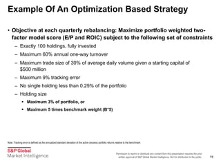 Permission to reprint or distribute any content from this presentation requires the prior
written approval of S&P Global Market Intelligence. Not for distribution to the public.
Example Of An Optimization Based Strategy
19
• Objective at each quarterly rebalancing: Maximize portfolio weighted two-
factor model score (E/P and ROIC) subject to the following set of constraints
– Exactly 100 holdings, fully invested
– Maximum 60% annual one-way turnover
– Maximum trade size of 30% of average daily volume given a starting capital of
$500 million
– Maximum 9% tracking error
– No single holding less than 0.25% of the portfolio
– Holding size
§ Maximum 3% of portfolio, or
§ Maximum 5 times benchmark weight (B*5)
Note: Tracking error is defined as the annualized standard deviation of the active (excess) portfolio returns relative to the benchmark
 