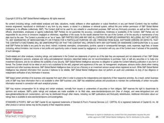 Permission to reprint or distribute any content from this presentation requires the prior
written approval of S&P Global Market Intelligence. Not for distribution to the public.
Copyright © 2016 by S&P Global Market Intelligence. All rights reserved.
No content (including ratings, credit-related analyses and data, valuations, model, software or other application or output therefrom) or any part thereof (Content) may be modified,
reverse engineered, reproduced or distributed in any form by any means, or stored in a database or retrieval system, without the prior written permission of S&P Global Market
Intelligence or its affiliates (collectively, S&P). The Content shall not be used for any unlawful or unauthorized purposes. S&P and any third-party providers, as well as their directors,
officers, shareholders, employees or agents (collectively S&P Parties) do not guarantee the accuracy, completeness, timeliness or availability of the Content. S&P Parties are not
responsible for any errors or omissions (negligent or otherwise), regardless of the cause, for the results obtained from the use of the Content, or for the security or maintenance of any
data input by the user. The Content is provided on an “as is” basis. S&P PARTIES DISCLAIM ANY AND ALL EXPRESS OR IMPLIED WARRANTIES, INCLUDING, BUT NOT LIMITED
TO, ANY WARRANTIES OF MERCHANTABILITY OR FITNESS FOR A PARTICULAR PURPOSE OR USE, FREEDOM FROM BUGS, SOFTWARE ERRORS OR DEFECTS, THAT
THE CONTENT’S FUNCTIONING WILL BE UNINTERRUPTED OR THAT THE CONTENT WILL OPERATE WITH ANY SOFTWARE OR HARDWARE CONFIGURATION. In no event
shall S&P Parties be liable to any party for any direct, indirect, incidental, exemplary, compensatory, punitive, special or consequential damages, costs, expenses, legal fees, or losses
(including, without limitation, lost income or lost profits and opportunity costs or losses caused by negligence) in connection with any use of the Content even if advised of the possibility
of such damages.
Credit-related and other analyses, including ratings, and statements in the Content are statements of opinion as of the date they are expressed and not statements of fact. S&P Global
Market Intelligence’s opinions, analyses and rating acknowledgment decisions (described below) are not recommendations to purchase, hold, or sell any securities or to make any
investment decisions, and do not address the suitability of any security. S&P Global Market Intelligence assumes no obligation to update the Content following publication in any form or
format. The Content should not be relied on and is not a substitute for the skill, judgment and experience of the user, its management, employees, advisors and/or clients when making
investment and other business decisions. S&P Global Market Intelligence does not act as a fiduciary or an investment advisor except where registered as such. While S&P Global Market
Intelligence has obtained information from sources it believes to be reliable, S&P Global Market Intelligence does not perform an audit and undertakes no duty of due diligence or
independent verification of any information it receives.
S&P keeps certain activities of its business units separate from each other in order to preserve the independence and objectivity of their respective activities. As a result, certain business
units of S&P may have information that is not available to other S&P business units. S&P has established policies and procedures to maintain the confidentiality of certain non-public
information received in connection with each analytical process.
S&P may receive compensation for its ratings and certain analyses, normally from issuers or underwriters of securities or from obligors. S&P reserves the right to disseminate its
opinions and analyses. S&P's public ratings and analyses are made available on its Web sites, www.standardandpoors.com (free of charge), and www.ratingsdirect.com and
www.globalcreditportal.com (subscription), and may be distributed through other means, including via S&P publications and third-party redistributors. Additional information about our
ratings fees is available at www.standardandpoors.com/usratingsfees.
STANDARD & POOR’S, S&P and S&P Capital IQ are registered trademarks of Standard & Poor’s Financial Services LLC. CAPITAL IQ is registered trademark of Capital IQ, Inc. All
other product or service names may be the property of their respective owners.
26
 