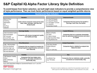Permission to reprint or distribute any content from this presentation requires the prior
written approval of S&P Global Market Intelligence. Not for distribution to the public.
S&P Capital IQ Alpha Factor Library Style Definition
8
To avoid biases from factor selection, we built eight style indicators to provide a comprehensive view
of style performance. Then we track factor performance based on equal weighted quintile returns.
Source: S&P Global Market Intelligence’s Quantamental Research, as of 1 June 2015.
Quantamental Style Indicators
Valuation Historical Growth
Book to Price
Under-valued companies measured by book
value, sales, earnings, cash flow and
dividend yield
1Y Chg FCF/Assets
Companies that have strong YoY growth in
Earnings, Cash Flow, and Assets
FCF/Price 1Y Chg OCF/Assets
EBITDA/EV 1Y Chg Sales Turnover
E/P 1Y Chg EPS
Div/Price Sustainable Growth
Sales/EV
Earnings Quality Capital Efficiency
Cash Conversion Cycle
Companies with strong management quality
and healthy earnings
Return on Equity
Companies that try to maximize shareholder
value by optimizing capital structure and return
on capital
Net Profit Margin CF ROIC
WC Accruals LT Debt to Equity
Accrual Ratio - CF Capital Acquisition Ratio
Net Income Stability 1Y Chg Shares Out
Price Momentum Analyst Expectation
12M - 1M Price Mom
Companies that are chased by investors for
strong long-term outperformance and short-
term rebounds
Long Term Growth
Companies liked or disliked by analysts that
follow the stock
1M Price Reversal Analyst Diffusion
1M Price High Low SUE
9M Price Momentum Num FY1 EPS Rev
5D Price Reversal
Volatility Size
12M Realized Volatility
Companies that have higher price
fluctuations, generally considered as
technically risky
Companies that are relatively smaller, generally
considered as fundamentally risky
1MVol Log Market Cap
60M CAPM Beta Log TTM Sales
90DCV
 