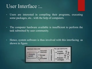 User Interface :..
• Users are interested in compiling their programs, executing
some packages, etc.. with the help of computers.
• The computer hardware available is insufficient to perform the
task submitted by user community.
• Hence, system software is thus involved with this interfacing as
shown in figure.
 