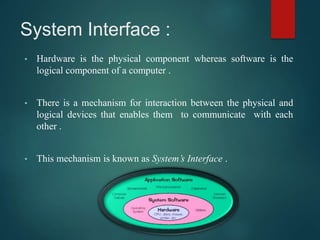 System Interface :
• Hardware is the physical component whereas software is the
logical component of a computer .
• There is a mechanism for interaction between the physical and
logical devices that enables them to communicate with each
other .
• This mechanism is known as System’s Interface .
 