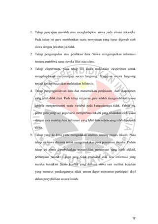 12
1. Tahap penyajian masalah atau menghadapkan siswa pada situasi teka-teki.
Pada tahap ini guru memberikan suatu pernyataan yang harus dijawab oleh
siswa dengan jawaban ya/tidak.
2. Tahap pengumpulan atau perifikasi data. Siswa mengumpulkan informasi
tentang peristiwa yang mereka lihat atau alami.
3. Tahap eksperimen, pada tahap ini siswa melakukan eksperimen untuk
mengeksplorasi dan menguji secara langsung. Pengujian secara langsung
terjadi ketika siswa akan melakukan hifotesis.
4. Tahap pengorganisasian data dan merumuskan penjelasan dari eksperimen
yang telah dilakukan. Pada tahap ini peran guru adalah mengendalikan siswa
apabila mengkonsumsi suatu variabel pada kenyataannya tidak. Selain itu,
peran guru yang lain juga harus memperluas inkuiri yang dilakukan oleh siswa
dengan cara memberikan informasi yang lebih luas selain yang telah diperoleh
siswa.
5. Tahap yang ke lima yaitu mengadakan analisis tentang proses inkuiri. Pada
tahap ini siswa diminta untuk mengemukakan pola penemuan mereka. Dalam
tahap ini siswa diperbolehkan menentukan pertanyaan yang lebih efektif,
pertanyaan produktif, juga yang tidak produktif atau non informasi yang
mereka butuhkan. Suatu konflik yang dialami siswa saat melihat kejadian
yang menurut pandangannya tidak umum dapat menuntun partisipasi aktif
dalam penyelidikan secara ilmiah.
 