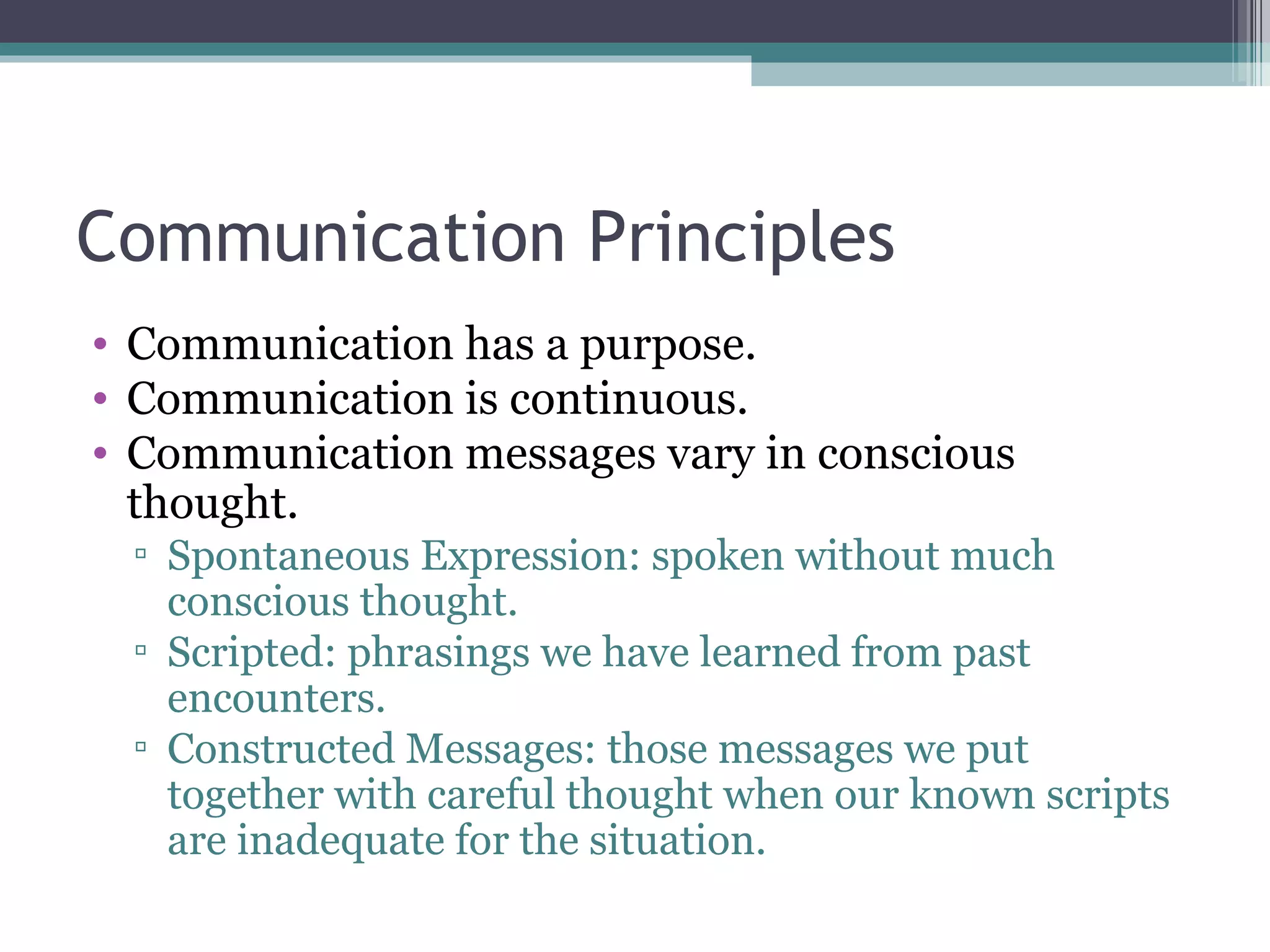 Communication Principles Communication has a purpose. Communication is continuous. Communication messages vary in conscious thought. Spontaneous Expression: spoken without much conscious thought. Scripted: phrasings we have learned from past encounters. Constructed Messages: those messages we put together with careful thought when our known scripts are inadequate for the situation. 
