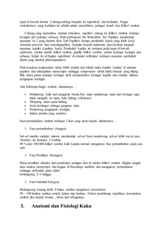 tepat di bawah dermis. Cabang-cabang berjalan ke superficial dan kedalam. Fungsi
vaskularisasi yang kedalam ini adalah untuk memelihara jaringan lemak dan folikel rambut.
Cabang yang menembus stratum reticulare, member cabang ke :folikel rambut, kelenjar
keringat dan kelenjar sebasea. Pada perbatasan Str. Reticullare Str. Papilare membentuk
anyaman ke 2 yang disebut Rete Sub Papillare berupa pembuluh darah yang lebih kecil.
Arteriole-arteriole dari retesubpapillare berjalan kearah epidermis dan berubah menjadi
anyaman kapiler (capilary beds). Pembuluh kapiler ini terdapat pada tepat di bawah
epidermis, sekitar matrik folikel rambut, papilla folikel rambut, sekitar kelenjar keringat dan
sebasea. Selain itu di bagian superfisial di stratum retikulare terdapat anyaman pembuluh
darah yang disebut pleksuspapilaris.
Pada keadaan temperature udara lebih rendah dari tubuh maka kapiler venulae di stratum
papilare dan subpapilare menyempit sehingga temperature tubuh tidak banyak yang hilang.
Bila udara panas kelenjar keringat aktif memproduksi keringat kapiler dan venulae dilatasi
penguapan keringat.
Ada beberapa fungsi rambut, diantaranya :
 Melindungi kulit dari pengaruh buruk:Alis mata melindungi mata dari keringat agar
tidak mengalir ke mata, bulu hidung (vibrissae).
 Menyarig udara pada hidung.
 Serta berfungsi sebagai pengatur suhu.
 Pendorong penguapan keringat.
 Indera peraba yang sensitive.
Saat pertumbuhan rambut terdapat 3 fase yang akan terjadi, diantaranya :
1. Fase pertumbuhan (Anagen)
Sel-sel matriks melalui mitosis membentuk sel-sel baru mendorong sel-sel lebih tua ke atas.
Aktivitas ini lamanya 2-6 tahun
90 % dari 100.000 folikel rambut kulit kepala normal mengalami fase pertumbuhan pada satu
saat.
1. Fase Peralihan (Katagen)
Masa peralihan dimulai dari penebalan jaringan ikat di sekitar folikel rambut. Bagian tengah
akar rambut menyempit dan bagian di bawahnya melebar dan mengalami pertandukan
sehingga terbentuk gada (club)
berlangsung 2-3 minggu.
1. Fase Istirahat(Telogen)
Berlangsung kurang lebih 4 bulan, rambut mengalami kerontokan
50 – 100 lembar rambut rontok dalam tiap harinya. Faktor pendukung terjadinya kerontokan
rambut jika terjadi trauma , stress dan sebagainya.
3. Anatomi dan Fisiologi Kuku
 