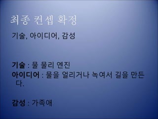 최종 컨셉 확정
기술, 아이디어, 감성
기술 : 물 물리 엔진
아이디어 : 물을 얼리거나 녹여서 길을 만든
다.
감성 : 가족애
 