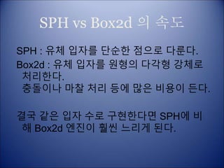 SPH vs Box2d 의 속도
SPH : 유체 입자를 단순한 점으로 다룬다.
Box2d : 유체 입자를 원형의 다각형 강체로
처리한다.
충돌이나 마찰 처리 등에 많은 비용이 든다.
결국 같은 입자 수로 구현한다면 SPH에 비
해 Box2d 엔진이 훨씬 느리게 된다.
 