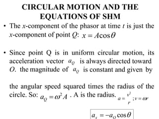 Q
a 2
A ;v  r
v2
r
a 
CIRCULAR MOTION AND THE
EQUATIONS OF SHM
• The x-component of the phasor at time t is just the
x-component of point Q: x  Acos


• Since point Q is in uniform circular motion, its
acceleration vector aQ
O. the magnitude of aQ
is always directed toward
is constant and given by
the angular speed squared times the radius of the
circle. So: . A is the radius.
ax  aQ cos
 