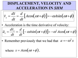 dt
dt
x
DISPLACEMENT, VELOCITY AND
ACCELERATION IN SHM
• Acceleration is the time derivative of velocity:
ax 
dvx
dt

d
 Asint
dt
2
Acost 
• Remember previously that we had that a 2
x
where x  Acost .
v 
dx

d
AcostAsint
 