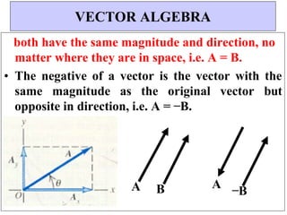 both have the same magnitude and direction, no
matter where they are in space, i.e. A = B.
• The negative of a vector is the vector with the
same magnitude as the original vector but
opposite in direction, i.e. A = ̶ B.
A B A
̶ B
VECTOR ALGEBRA
 