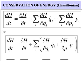  qi

p
q
i
t
dt
Or:
CONSERVATION OF ENERGY (Hamiltonian)
dH

H
 
H
q
  
H
p


i
dH
dt

H  H


p
i

H
p
q
i 

i

t


i
i
i
i
 
