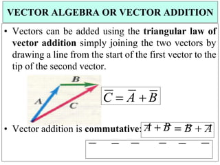 • Vectors can be added using the triangular law of
vector addition simply joining the two vectors by
drawing a line from the start of the first vector to the
tip of the second vector.
• Vector addition is commutative: A  B  B  A
VECTOR ALGEBRA OR VECTOR ADDITION
C  A  B
 
