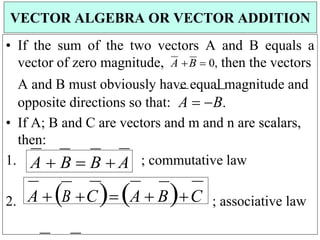 A  B  B  A
• If the sum of the two vectors A and B equals a
vector of zero magnitude, A B  0, then the vectors
A and B must obviously have equal magnitude and
opposite directions so that: A  B.
• If A; B and C are vectors and m and n are scalars,
then:
1. ; commutative law
2. A  BC A  BC ; associative law
VECTOR ALGEBRA OR VECTOR ADDITION
 