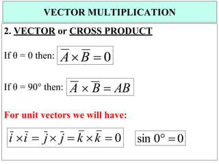 2. VECTOR or CROSS PRODUCT
If θ = 0 then:
If θ = 90 then:
For unit vectors we will have:
sin 0  0
VECTOR MULTIPLICATION
i i  j j  k k  0
A  B  AB
AB  0
 