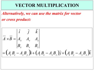 y x
x y
x z
z x
z y
y z
Bz
By
Bx
Alternatively, we can use the matrix for vector
or cross product:
VECTOR MULTIPLICATION
i
A B  Ax
j
Ay
k
Az
 A B  A B i A B  A B j A B  A B k
 