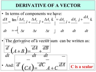 d
CA
dC
A C
dA
dt
dt
dt




• In terms of components we have:
dA

lim Ax
i 
Ay
j 
Az k

dAx
i 
dAy j 
dAz
k
dt t0

t t t  dt dt dt
• The derivative of a vector sum can be written as:
• And:
DERIVATIVE OF A VECTOR
d
A  B
dA

dB
C is a scalar
 