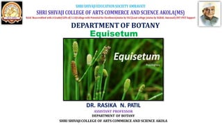 Equisetum
DR. RASIKA N. PATIL
ASSISTANT PROFESSOR
DEPARTMENT OF BOTANY
SHRI SHIVAJI COLLEGE OF ARTS COMMERCE AND SCIENCE AKOLA
 