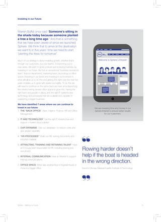 Welcome to Sphere’s Intranet!
Timeline KPIs
Sphere – Defining our Future	 19
Warren Buffet once said “Someone’s sitting in
the shade today because someone planted
a tree a long time ago.” And that is something
that we have been aware of since we launched
Sphere. We think that to arrive at the destination
we want to in five years’ time we need to start
“planting the trees for tomorrow”.
Much of our strategy is about enabling growth, whether that’s
through our customers, our core teams, or branching out to
new areas. We want to grow a robust and enduring business by
investing in our future. Be that an exceptional “business operations
team”, finance department, marketing team, technology or office
space. Investing in our future and investing in our business is
what will allow us to do this and getting this right over the next five
years enables us to grow with speed and agility. To do this we
will need to continue on the same track we have since launching;
this means having excess office space to grow into, having the
right team and people in place, and the right IT systems and
technology and processes that are scalable and capable of
supporting a bigger business.
We have identified 7 areas where we can continue to
invest in our future:
1.	THE “BACK OFFICE”: Have 3 teams: Finance, HR and Office
Management.
2.	IT AND TECHNOLOGY: Get the right IT infrastructure and
support – hosted cloud solution.
3.	OUR DATABASE: Own our database – to reduce costs and
give greater capability.
4.	“HR PROCESSES”: Build our HR, training documents and
induction material.
5.	ATTRACTING, TRAINING AND RETAINING TALENT: Have
an in-house team responsible for HR, including training and
recruitment.
6.	INTERNAL COMMUNICATION: Have an Intranet to support
internal communications.
7.	OFFICE SPACE: Either take another floor in Imperial House or
move to a bigger office.
Investing in our Future
Rowing harder doesn’t
help if the boat is headed
in the wrong direction.
Kenichi Ohmae, Massachusetts Institute of Technology
We are investing time and money in our
Sphere Intranet to ensure better results
for our customers.
 