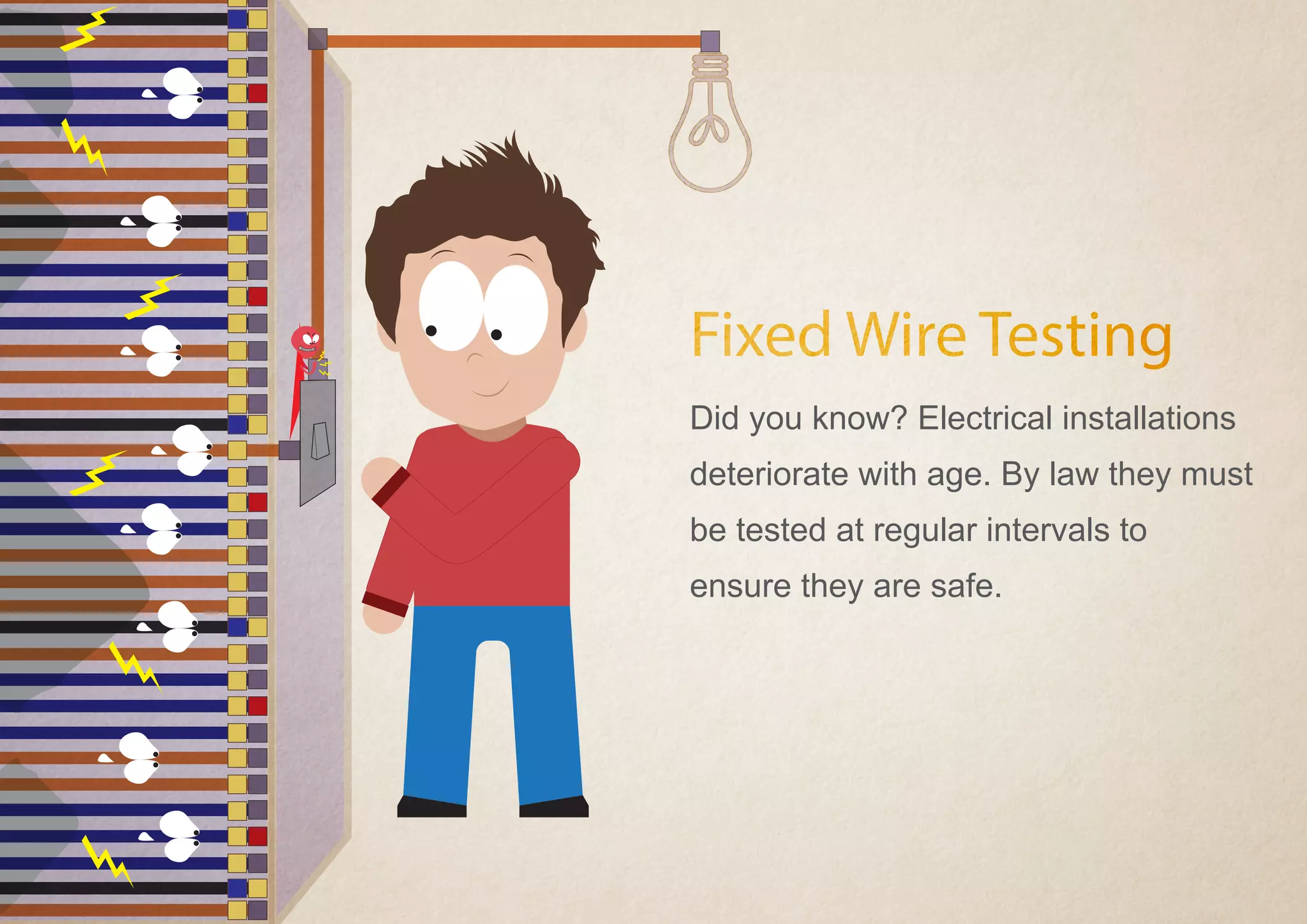 Did you know? Electrical installations
deteriorate with age. By law they must
be tested at regular intervals to
ensure they are safe.
Fixed Wire Testing
 