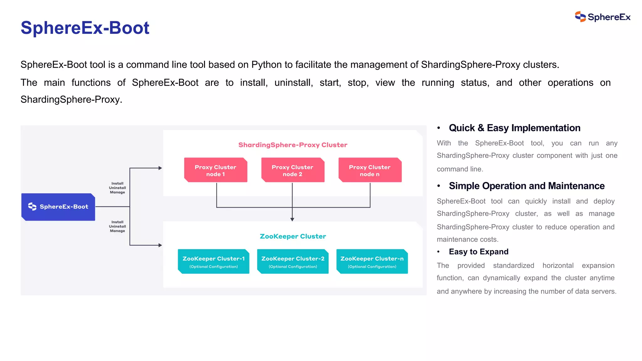 SphereEx-Boot
SphereEx-Boot tool is a command line tool based on Python to facilitate the management of ShardingSphere-Proxy clusters.
The main functions of SphereEx-Boot are to install, uninstall, start, stop, view the running status, and other operations on
ShardingSphere-Proxy.
• Quick & Easy Implementation
With the SphereEx-Boot tool, you can run any
ShardingSphere-Proxy cluster component with just one
command line.
• Simple Operation and Maintenance
SphereEx-Boot tool can quickly install and deploy
ShardingSphere-Proxy cluster, as well as manage
ShardingSphere-Proxy cluster to reduce operation and
maintenance costs.
• Easy to Expand
The provided standardized horizontal expansion
function, can dynamically expand the cluster anytime
and anywhere by increasing the number of data servers.
 