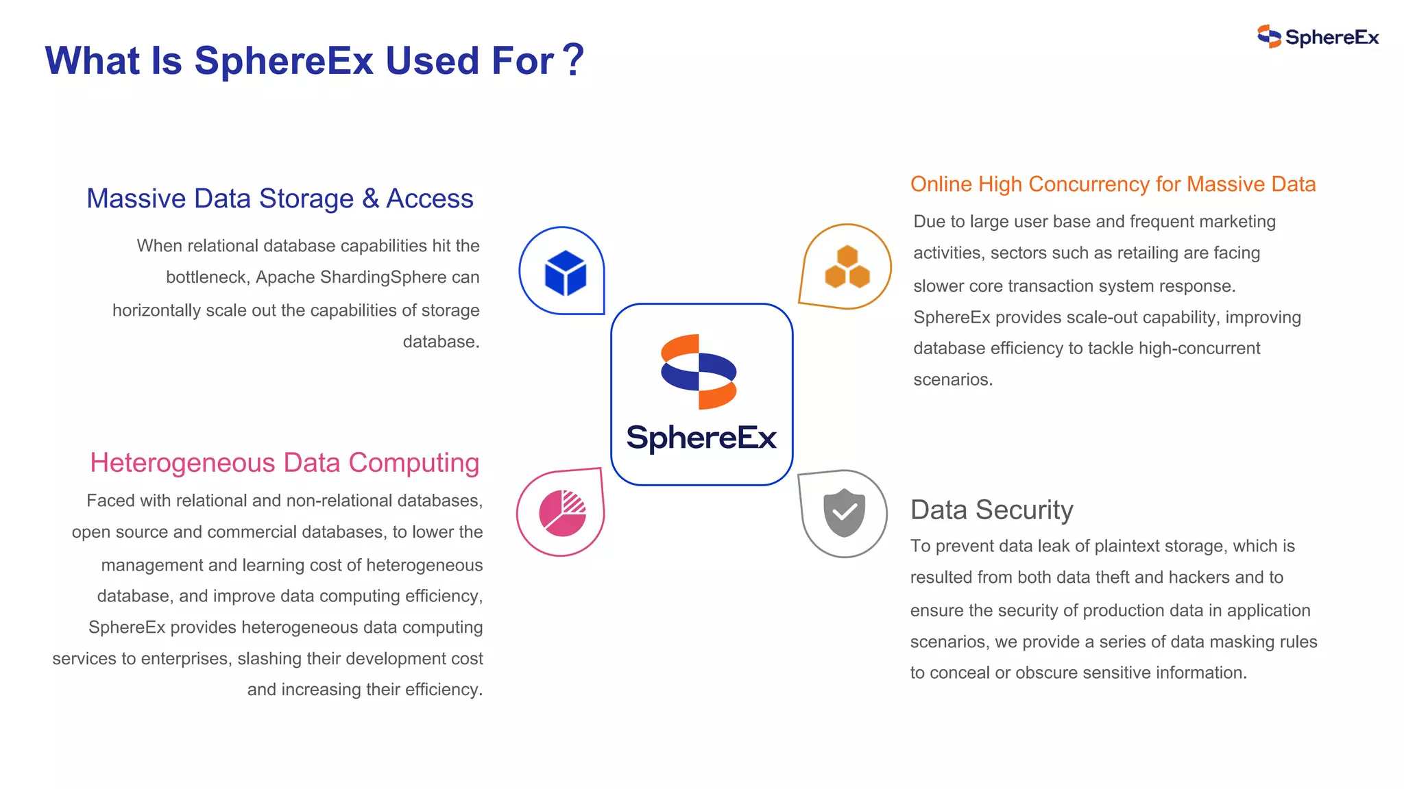 What Is SphereEx Used For？
Massive Data Storage & Access
When relational database capabilities hit the
bottleneck, Apache ShardingSphere can
horizontally scale out the capabilities of storage
database.
Faced with relational and non-relational databases,
open source and commercial databases, to lower the
management and learning cost of heterogeneous
database, and improve data computing efficiency,
SphereEx provides heterogeneous data computing
services to enterprises, slashing their development cost
and increasing their efficiency.
Heterogeneous Data Computing
Due to large user base and frequent marketing
activities, sectors such as retailing are facing
slower core transaction system response.
SphereEx provides scale-out capability, improving
database efficiency to tackle high-concurrent
scenarios.
Online High Concurrency for Massive Data
To prevent data leak of plaintext storage, which is
resulted from both data theft and hackers and to
ensure the security of production data in application
scenarios, we provide a series of data masking rules
to conceal or obscure sensitive information.
Data Security
 