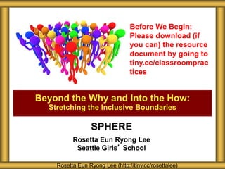 SPHERE
Rosetta Eun Ryong Lee
Seattle Girls’ School
Beyond the Why and Into the How:
Stretching the Inclusive Boundaries
Rosetta Eun Ryong Lee (http://tiny.cc/rosettalee)
Before We Begin:
Please download (if
you can) the resource
document by going to
tiny.cc/classroomprac
tices
 