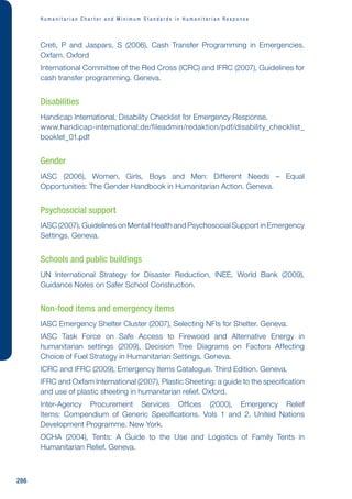 H u m a n i t a r i a n C h a r t e r a n d M i n i m u m S t a n d a r d s i n H u m a n i t a r i a n R e s p o n s e
286
Creti, P and Jaspars, S (2006), Cash Transfer Programming in Emergencies.
Oxfam. Oxford
International Committee of the Red Cross (ICRC) and IFRC (2007), Guidelines for
cash transfer programming. Geneva.
Disabilities
Handicap International, Disability Checklist for Emergency Response.
www.handicap-international.de/fileadmin/redaktion/pdf/disability_checklist_
booklet_01.pdf
Gender
IASC (2006), Women, Girls, Boys and Men: Different Needs – Equal
Opportunities: The Gender Handbook in Humanitarian Action. Geneva.
Psychosocial support
IASC (2007), Guidelines on Mental Health and Psychosocial Support in Emergency
Settings. Geneva.
Schools and public buildings
UN International Strategy for Disaster Reduction, INEE, World Bank (2009),
Guidance Notes on Safer School Construction.
Non-food items and emergency items
IASC Emergency Shelter Cluster (2007), Selecting NFIs for Shelter. Geneva.
IASC Task Force on Safe Access to Firewood and Alternative Energy in
humanitarian settings (2009), Decision Tree Diagrams on Factors Affecting
Choice of Fuel Strategy in Humanitarian Settings. Geneva.
ICRC and IFRC (2009), Emergency Items Catalogue. Third Edition. Geneva.
IFRC and Oxfam International (2007), Plastic Sheeting: a guide to the specification
and use of plastic sheeting in humanitarian relief. Oxford.
Inter-Agency Procurement Services Offices (2000), Emergency Relief
Items: Compendium of Generic Specifications. Vols 1 and 2. United Nations
Development Programme. New York.
OCHA (2004), Tents: A Guide to the Use and Logistics of Family Tents in
Humanitarian Relief. Geneva.
 