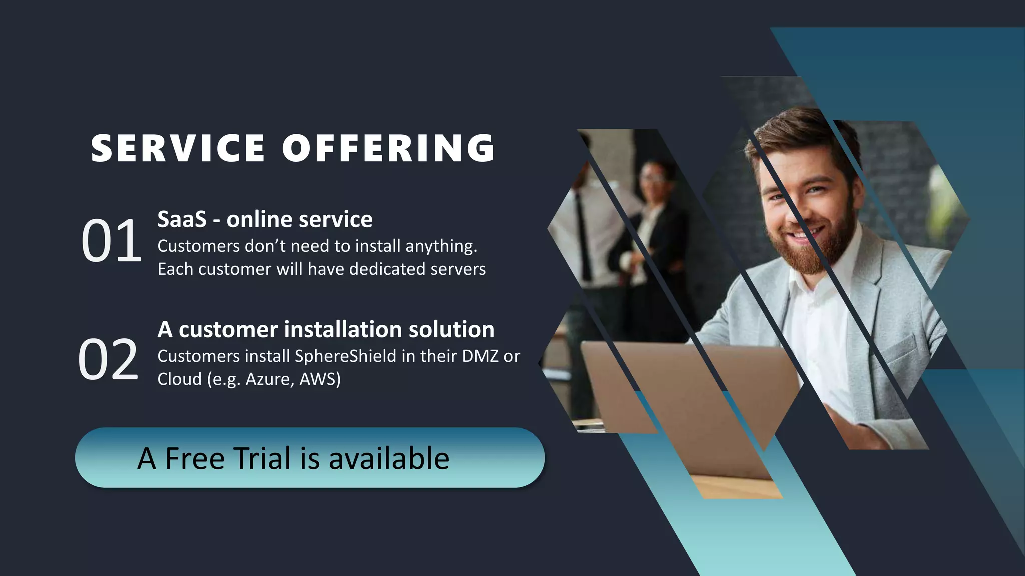 SERVICE OFFERING
SaaS - online service
Customers don’t need to install anything.
Each customer will have dedicated servers
A customer installation solution
Customers install SphereShield in their DMZ or
Cloud (e.g. Azure, AWS)
A Free Trial is available
 