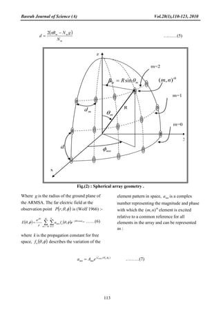 Basrah Journal of Science (A) Vol.28(1),110-123, 2010
113
( )
m
mm
N
gNR
d
−
=
π2
………(5)
Fig.(2) : Spherical array geometry .
Where g is the radius of the ground plane of
the ARMSA. The far electric field at the
observation point ( )φθ,,rP is (Wolf 1966) :-
( ) ( )∑ ∑−= =
−
=
M
Mm
N
n
jkR
nmn
jkr m
mn
efa
r
e
E
1
cos
,, ψ
φθφθ ……(6)
where k is the propagation constant for free
space, ( )φθ,nf describes the variation of the
element pattern in space, mna is a complex
number representing the magnitude and phase
with which the th
nm ),( element is excited
relative to a common reference for all
elements in the array and can be represented
as :
),( oomnoj
mnmn eAa φθζ
= ………(7)
th
nm ),(
z
R
md
x
y
d
mθ
mnφ
mm RR θsin=
m=0
m=1
m=2
 