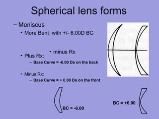 Spherical lens forms
– Meniscus
• More Bent with +/- 6.00D BC
• Plus Rx:
– Base Curve = -6.00 Ds on the back
• Minus Rx:
– Base Curve = + 6.00 Ds on the front
• minus Rx
BC = -6.00
BC = +6.00
 